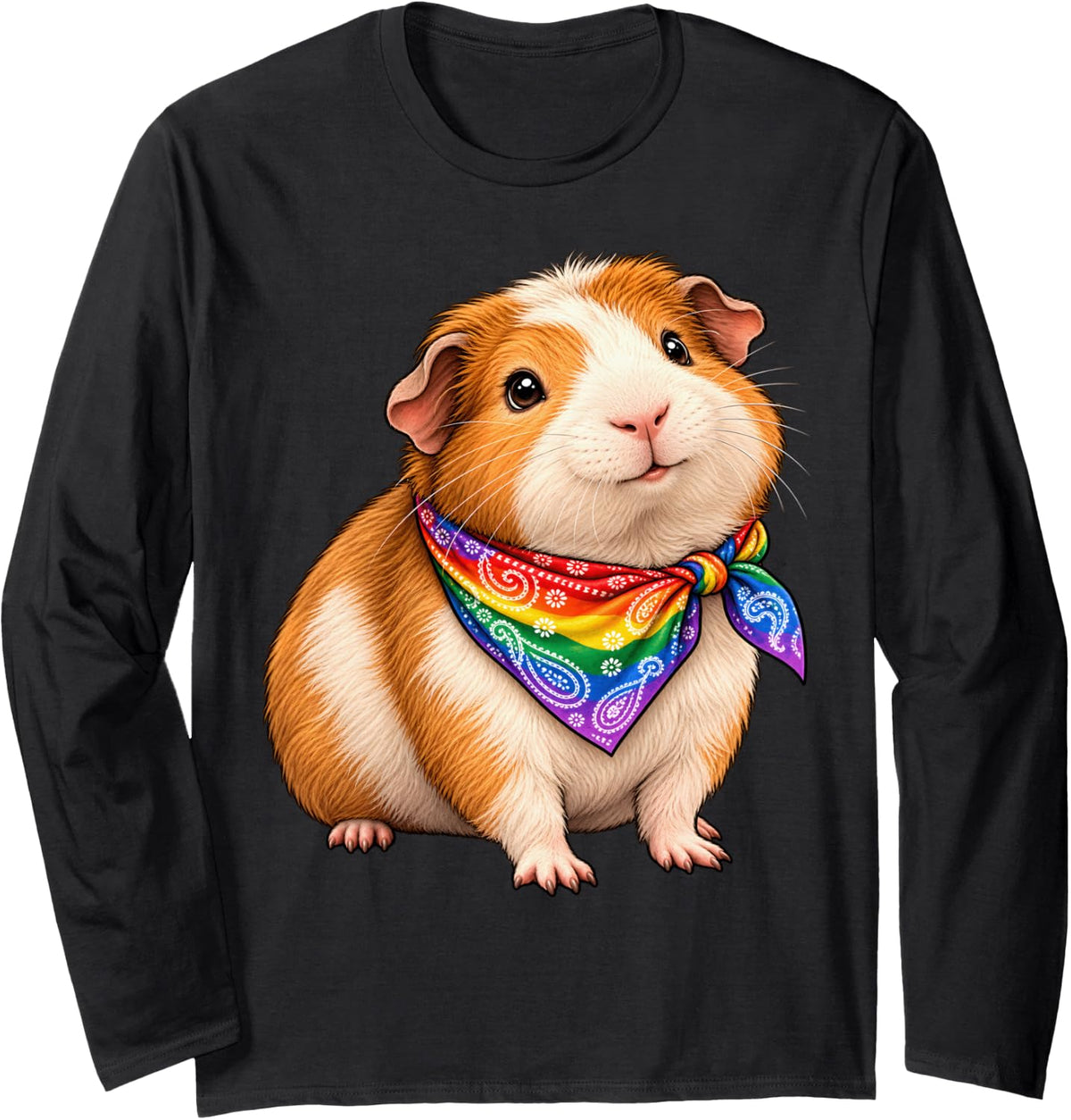 Rainbow Bandana Guinea Pig Pride Long Sleeve T-Shirt - Adult Unisex Black