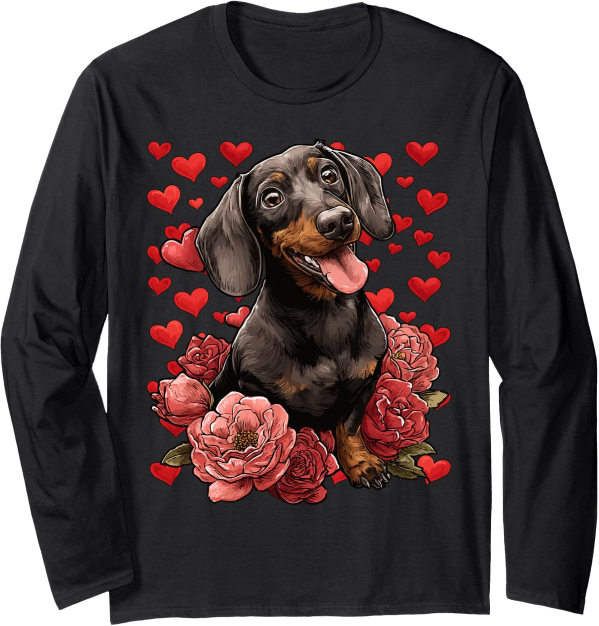 Dachshund with Red Roses Hearts Floral Valentine’s Day Dog Long Sleeve T-Shirt - Adult Unisex Black