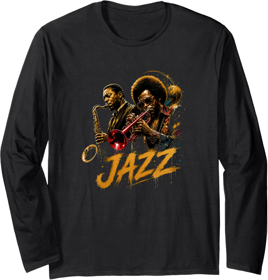 Jazz Music Instrumentalists Saxophone Trumpet Long Sleeve T-Shirt - Adult Unisex Black
