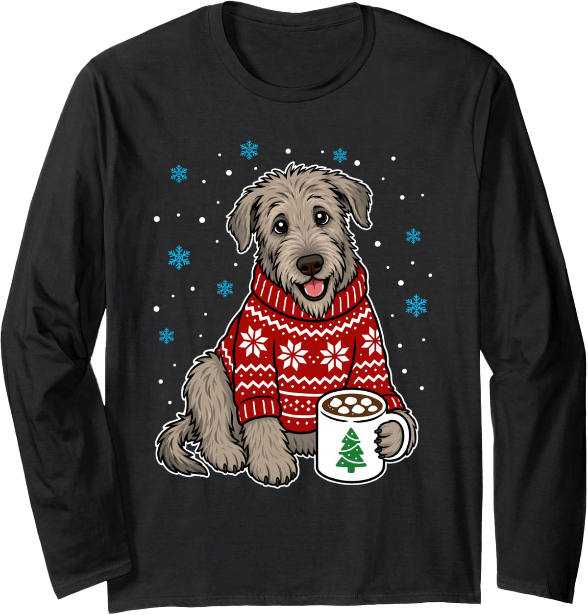 Irish Wolfhound in Christmas Sweater Funny Irish Wolfhound Long Sleeve T-Shirt - Adult Unisex Black