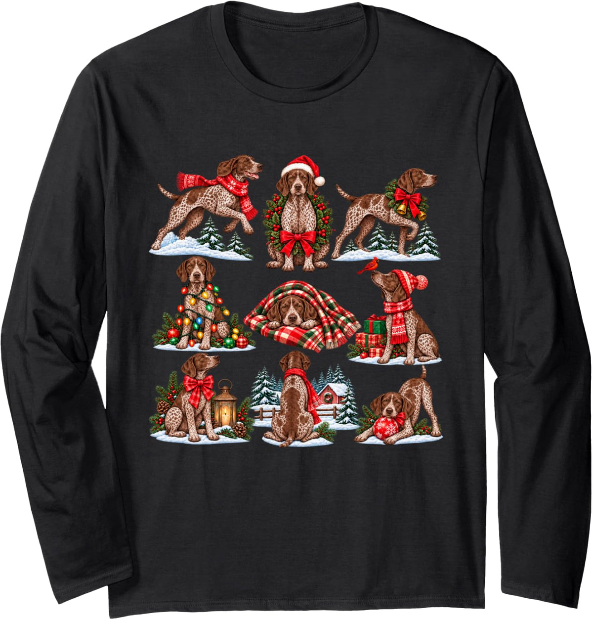 German Shorthaired Pointer Christmas Pajama GSP Dog Lover Long Sleeve T-Shirt - Adult Unisex Black