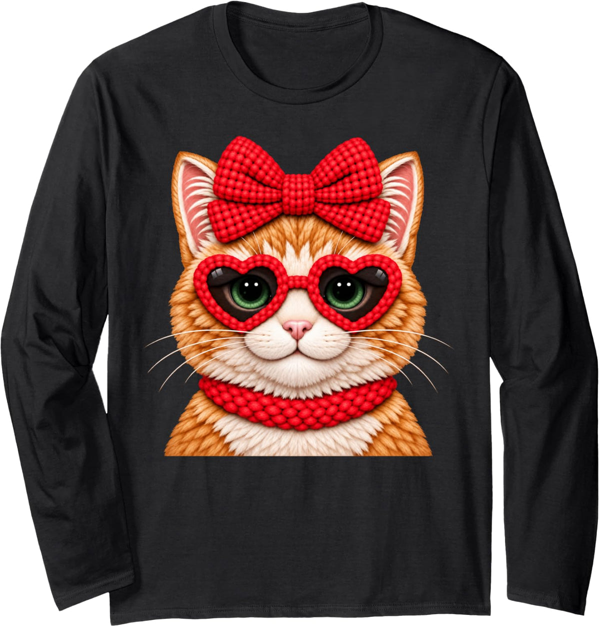 Orange Tabby Red Bow Heart Sunglasses Cute Cat Valentine Long Sleeve T-Shirt - Adult Unisex Black