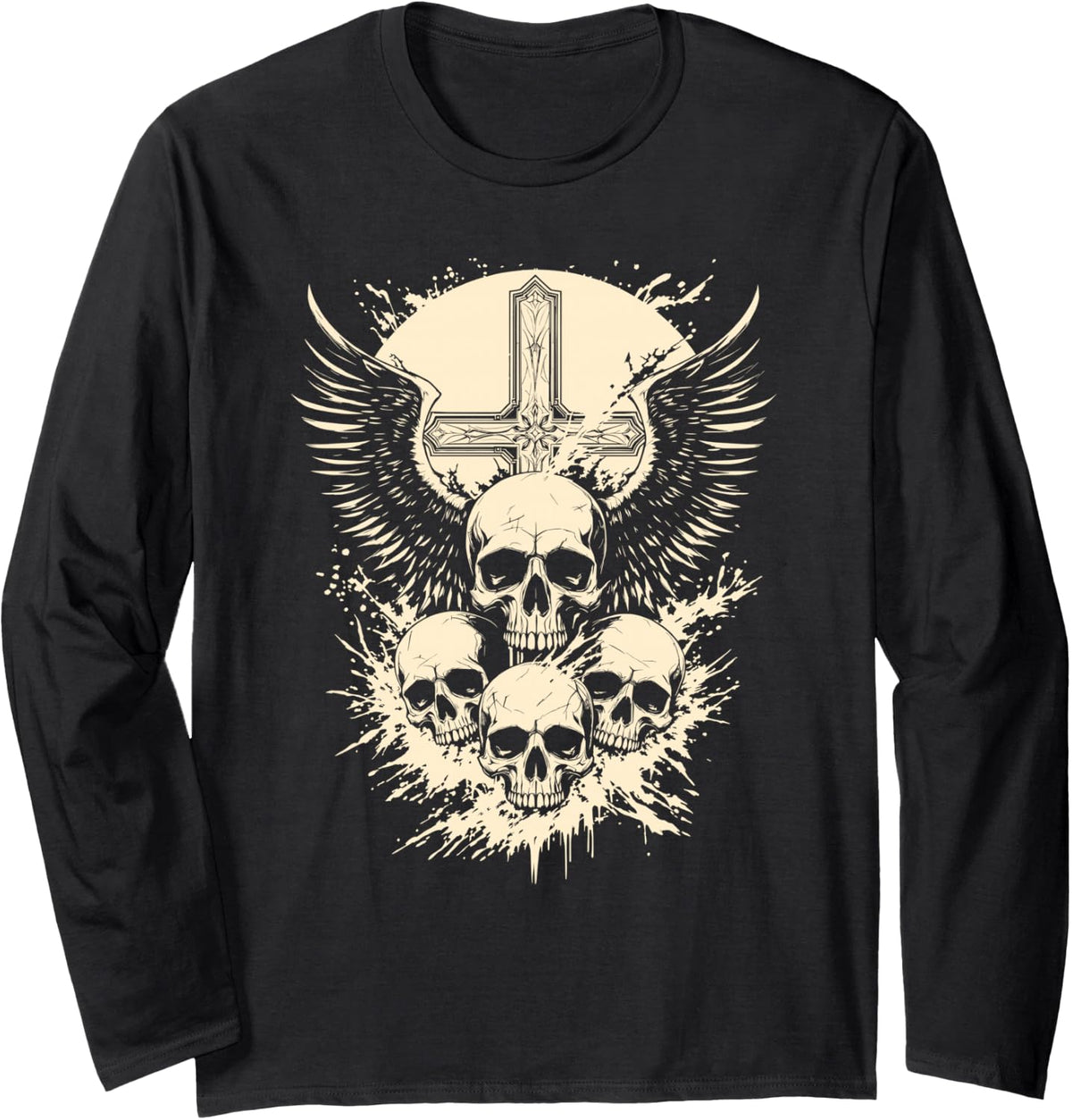 Gothic Skull Cross Art Wings Grunge Punk Y2K Emo Aesthetic Long Sleeve T-Shirt - Adult Unisex Black