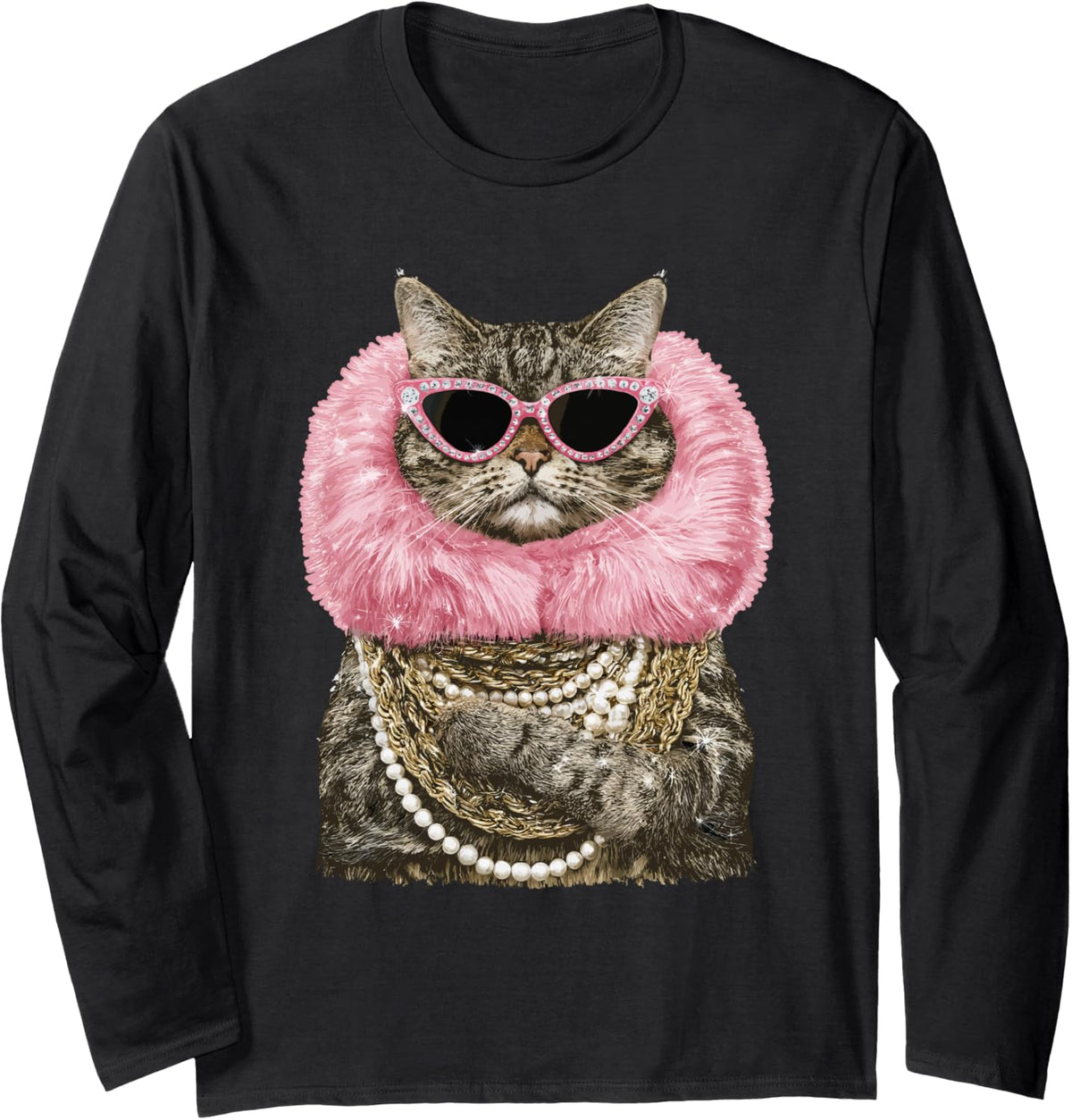Glam Tabby Cat with Sunglasses Feline Animal Art Boujee Long Sleeve T-Shirt - Adult Unisex Black