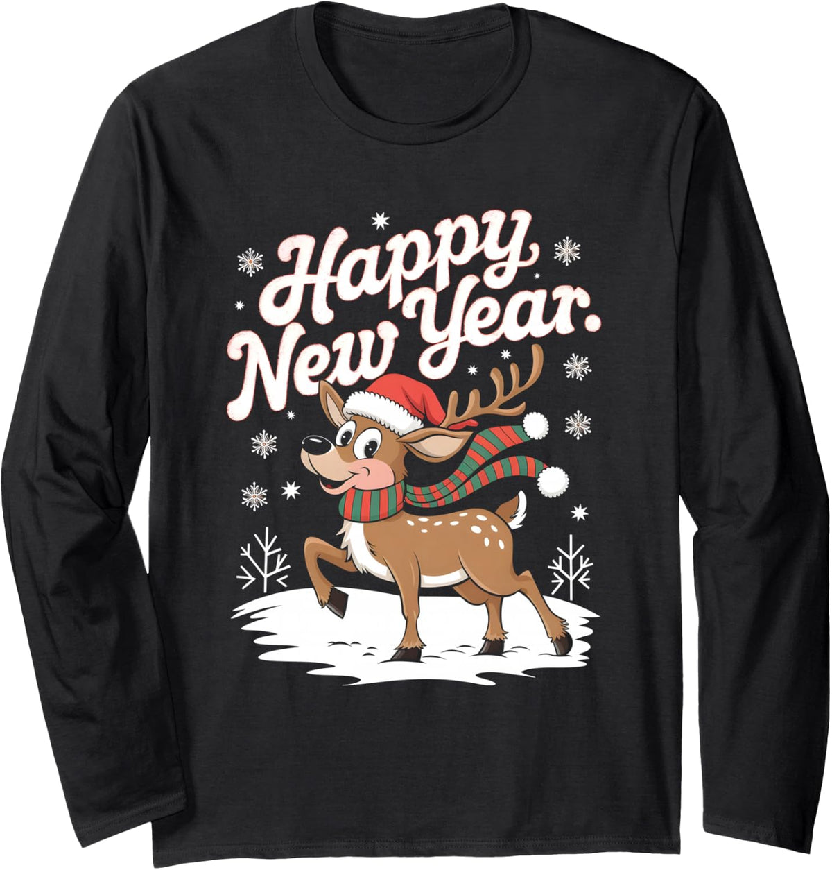 Happy New Year New Year's Eve 2024 Cute Reindeer Long Sleeve T-Shirt - Adult Unisex Black