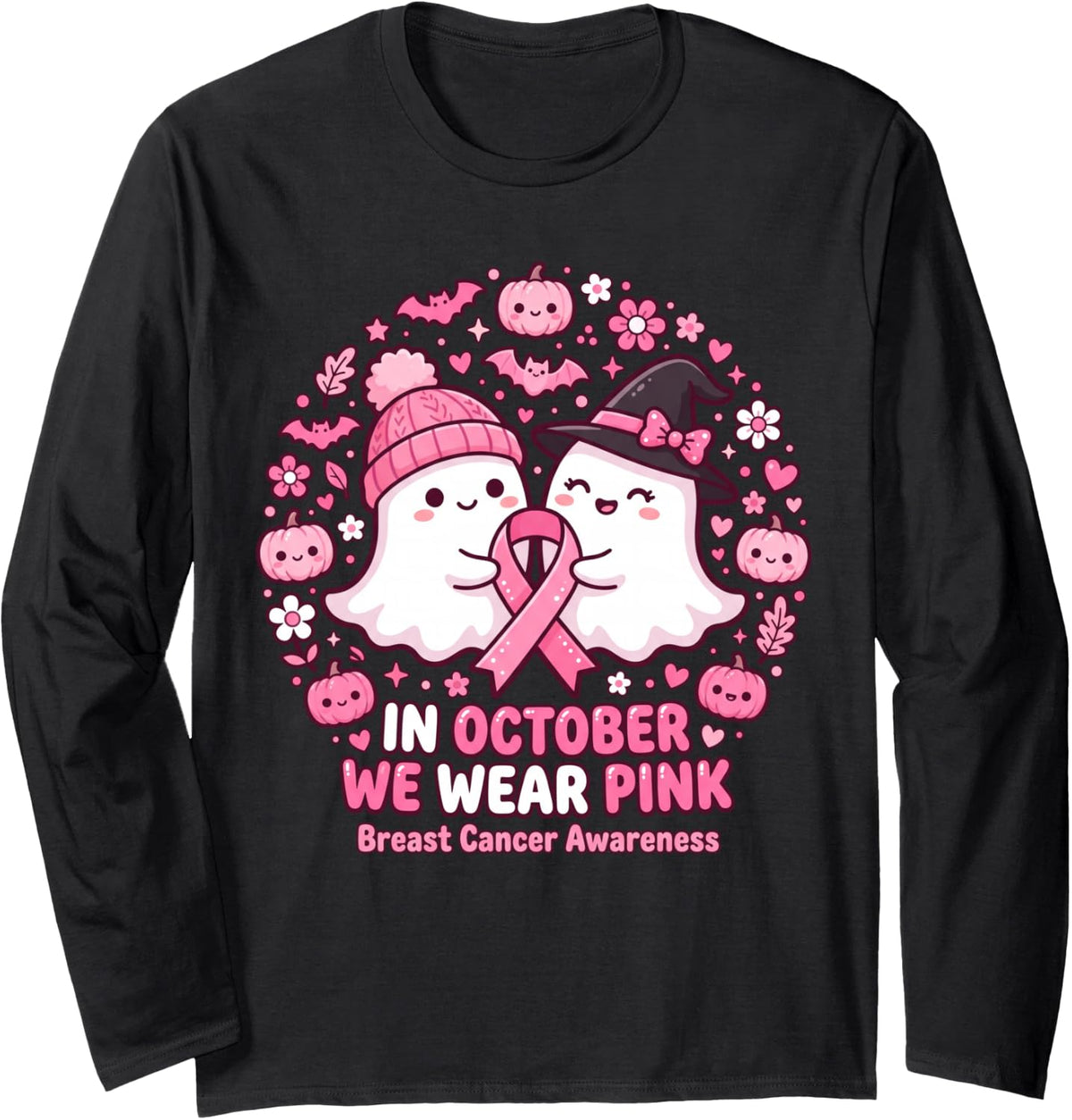 in October We Wear Pink Cute Ghost Pink Ribbon Halloween Long Sleeve T-Shirt - Adult Unisex Black