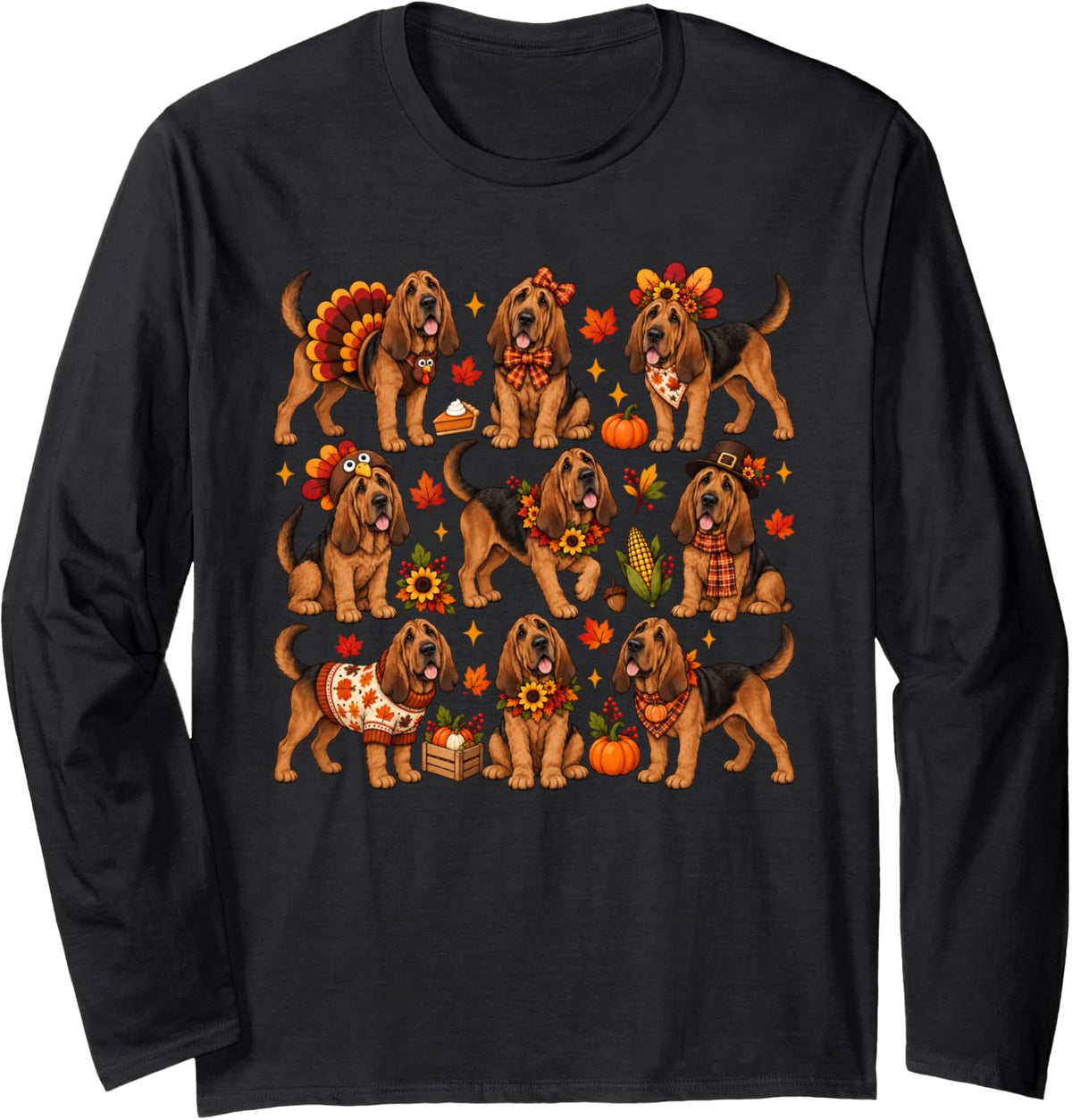 Cute Bloodhound Dog Turkey Thanksgiving Fall Autumn Costume Long Sleeve T-Shirt - Adult Unisex Black