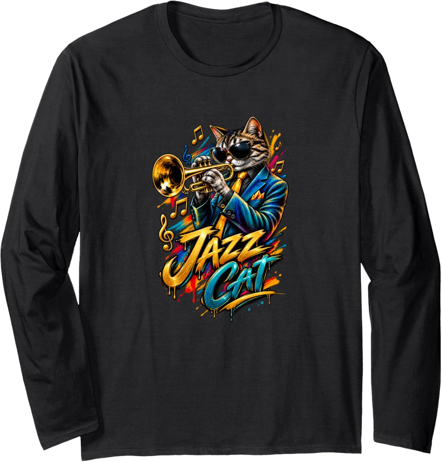Cool Jazz Cat Trumpet Player Music Lover Feline Long Sleeve T-Shirt - Adult Unisex Black