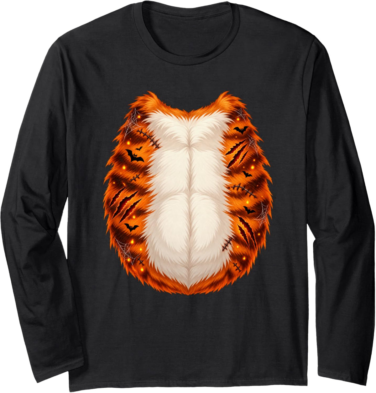 Halloween Cat Belly Costume Realistic Orange Tabby Body Long Sleeve T-Shirt - Adult Unisex Black