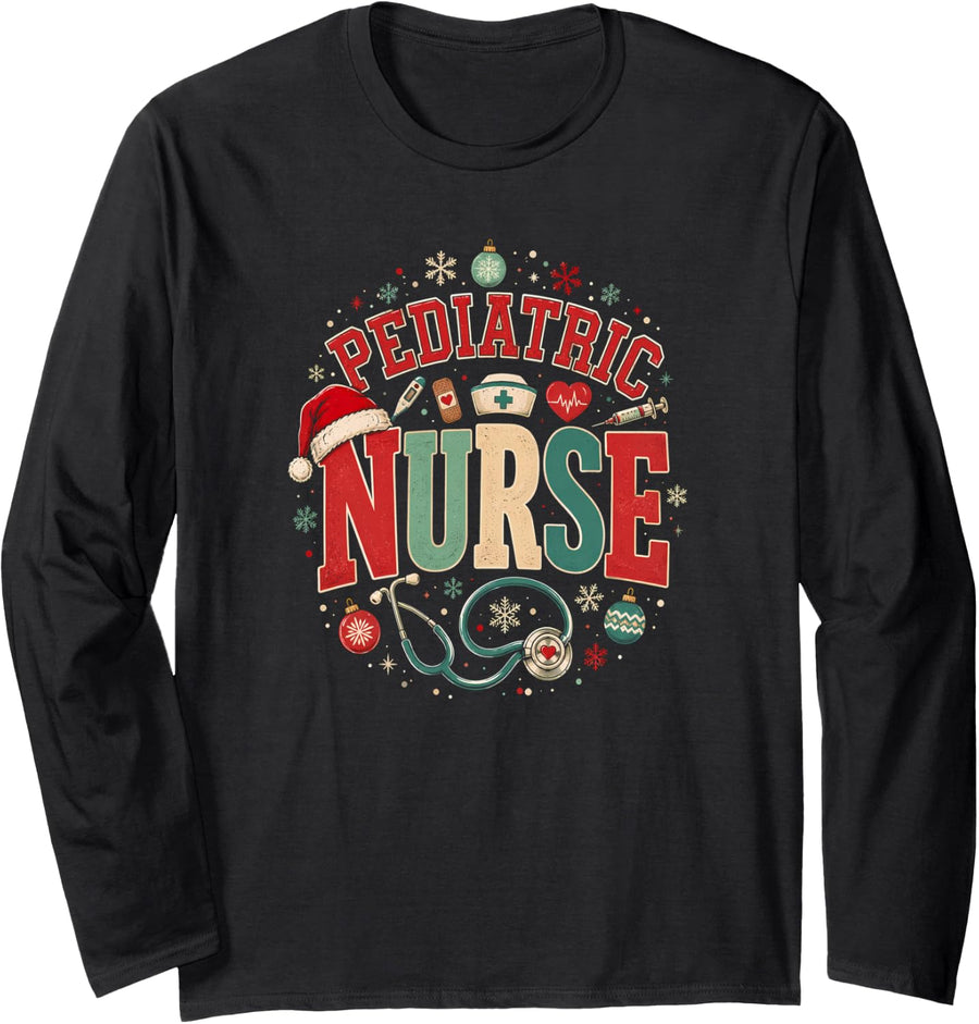 Vintage Christmas Pediatric Nurse Santa Hat Peds Nursing Long Sleeve T-Shirt - Adult Unisex Black