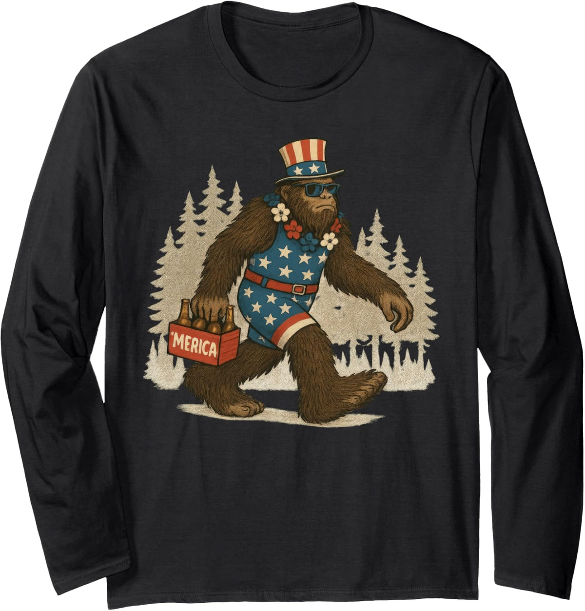 Funny Bigfoot Merica Patriotic Sasquatch 4th of July Long Sleeve T-Shirt - Adult Unisex Black