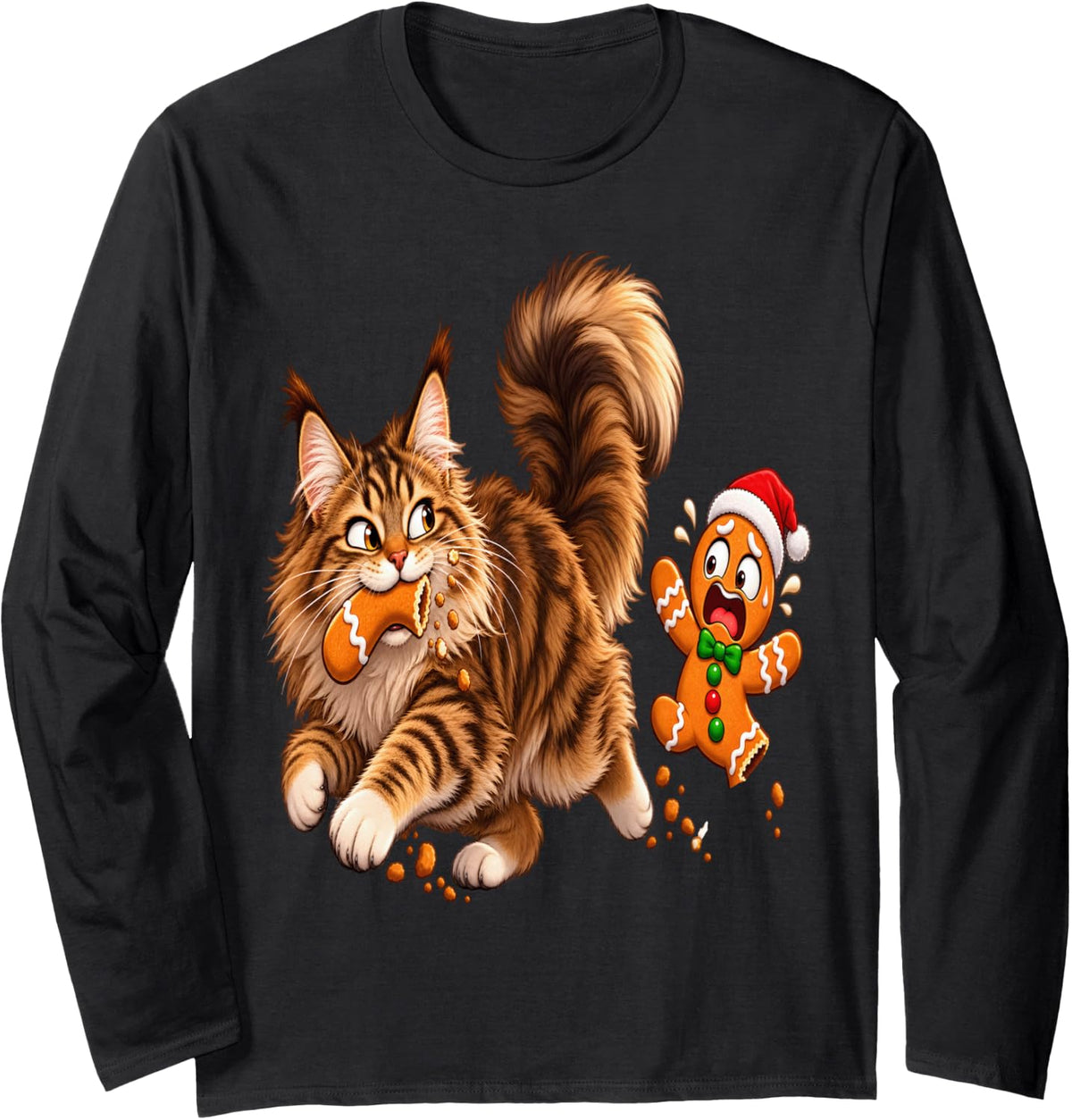 Funny Tabby Cat Christmas Gingerbread Cookie Chase Long Sleeve T-Shirt - Adult Unisex Black