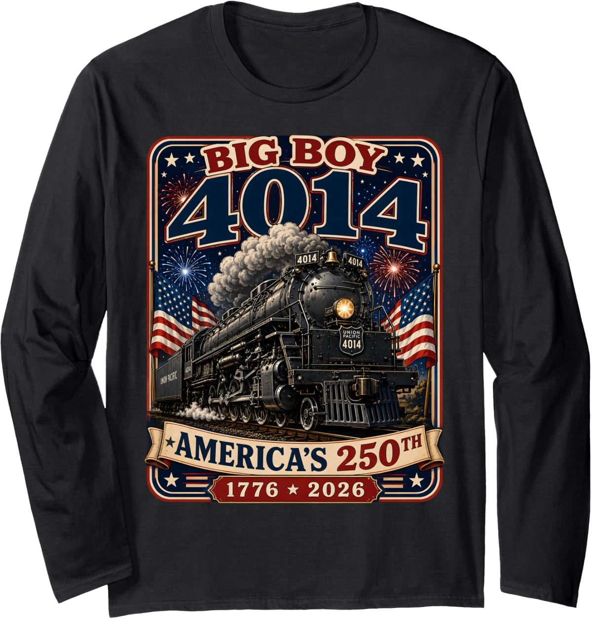 Big Boy 4014 Train 4th of July Retro US Flag Vintage Apparel Long Sleeve T-Shirt - Adult Unisex Black