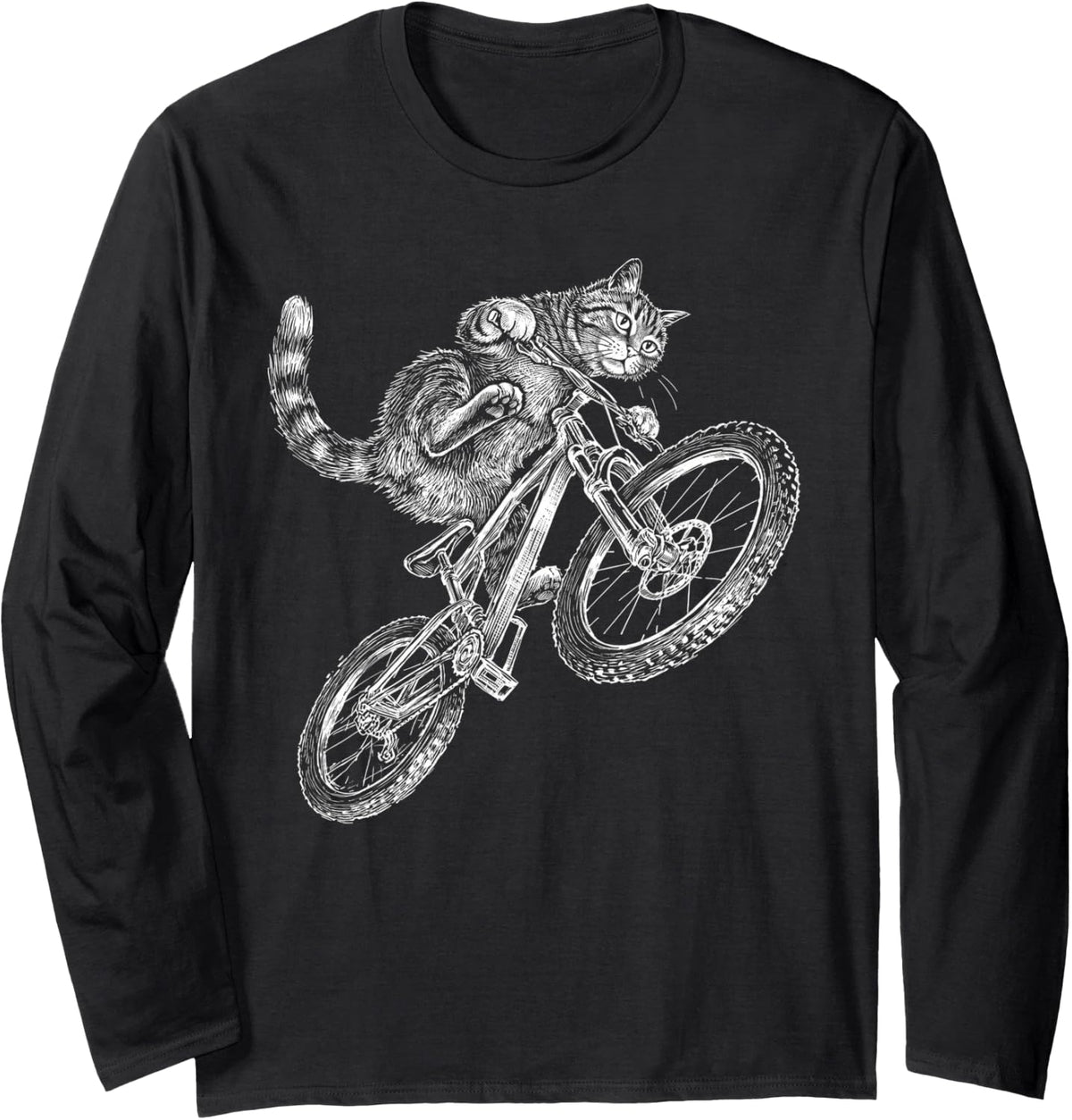 Bicycle Riding Cat Mountain Bike Midair Funny Kitten Cyclist Long Sleeve T-Shirt - Adult Unisex Black