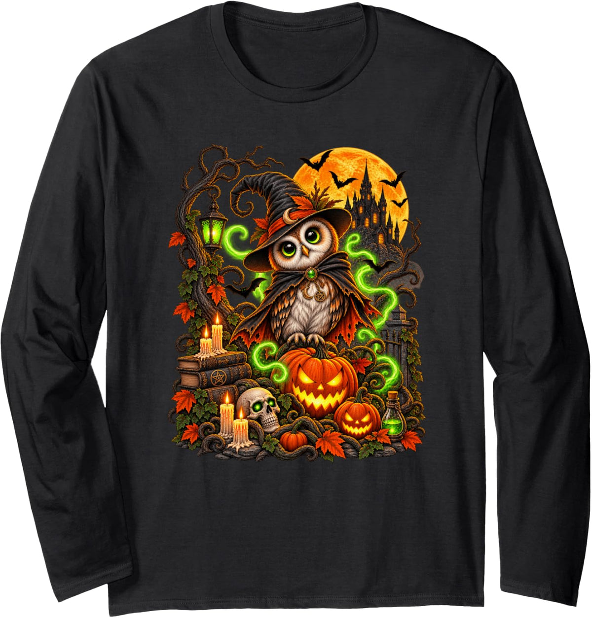 Vintage Gothic Owl Halloween Witch Storybook Long Sleeve T-Shirt - Adult Unisex Black