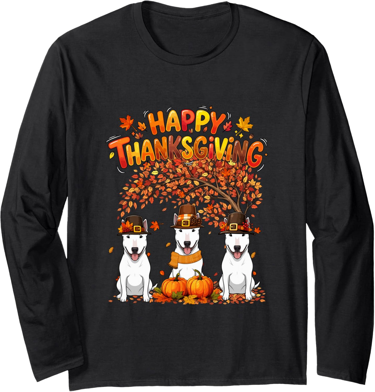 Three Cute Bull Terriers Thanksgiving Fall Tree Owner Long Sleeve T-Shirt - Adult Unisex Black