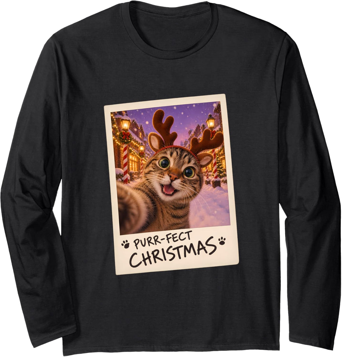 Purr-FECT Christmas Tabby Cat Selfie Holiday Funny Long Sleeve T-Shirt - Adult Unisex Black