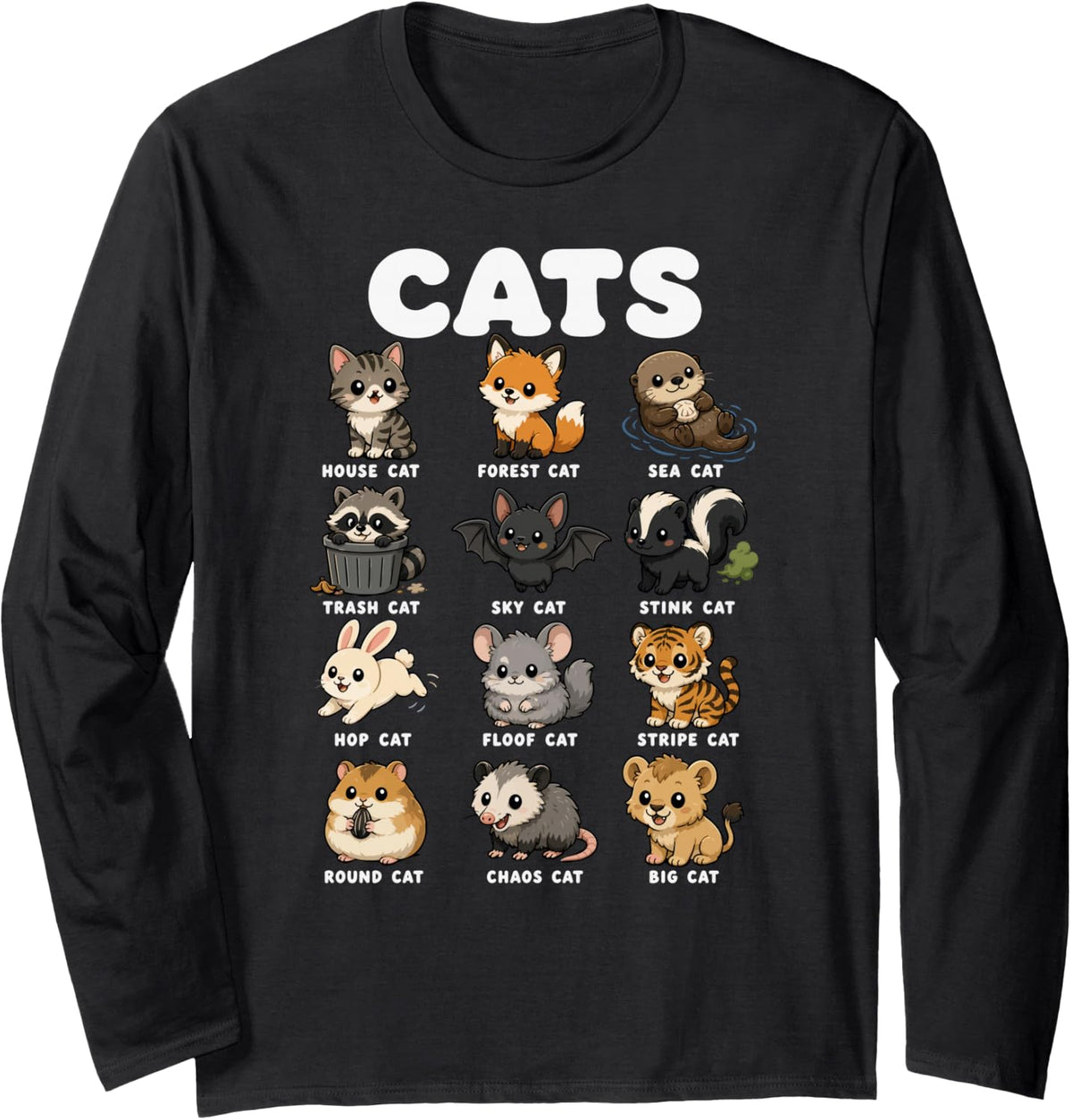 Cats Funny Animal Nicknames Cute Zoo Cartoon Chart Long Sleeve T-Shirt - Adult Unisex Black