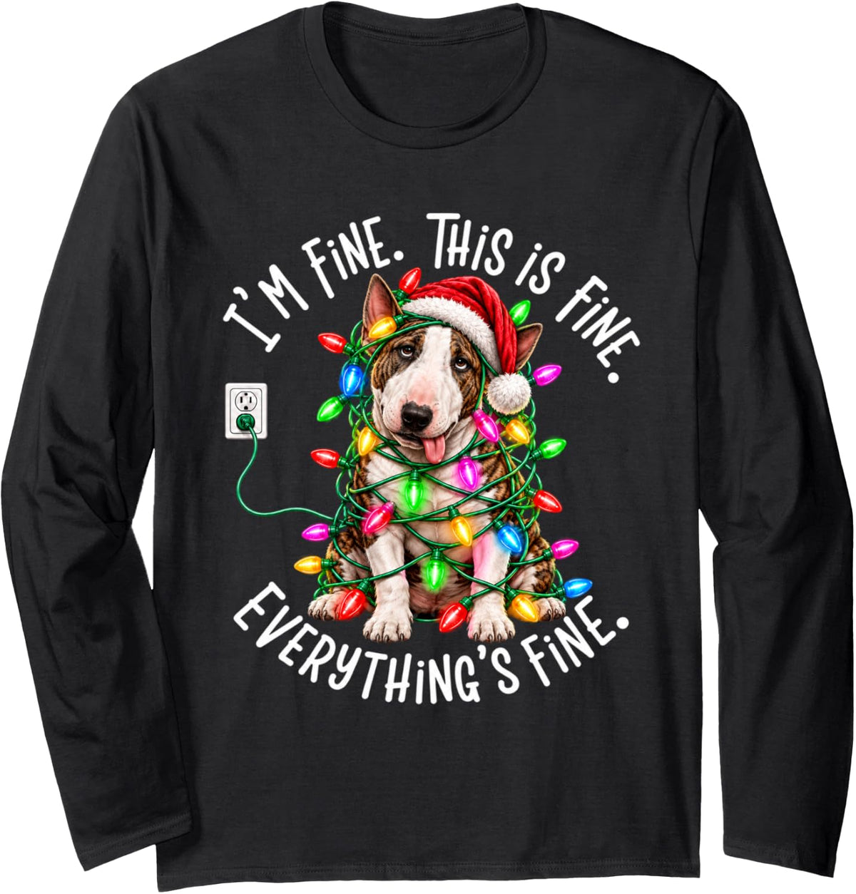 Funny Bull Terrier Christmas Lights Dog Lover Xmas Long Sleeve T-Shirt - Adult Unisex Black