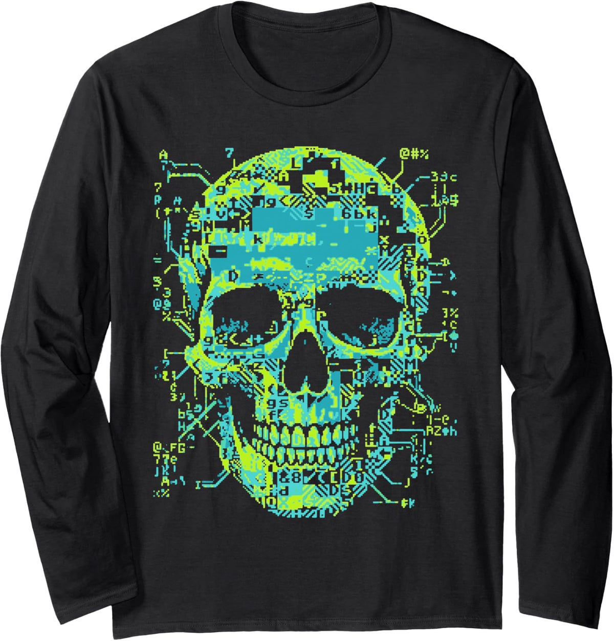 ASCII Glitch Skull Cyberpunk Code Art Long Sleeve T-Shirt - Adult Unisex Black