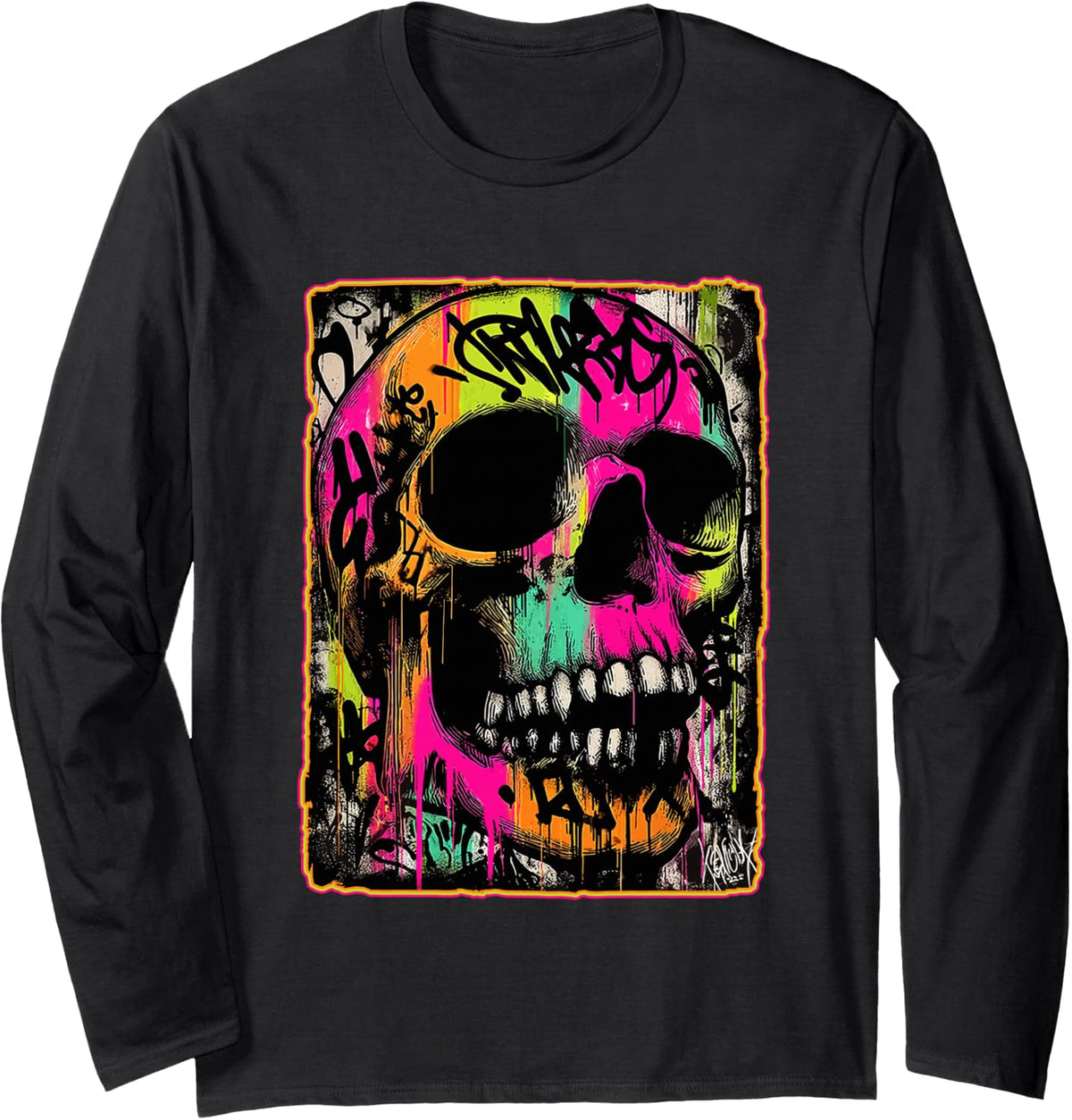 Vibrant Punk Skull Graffiti Grunge Skeleton Art Urban 90s Long Sleeve T-Shirt - Adult Unisex Black