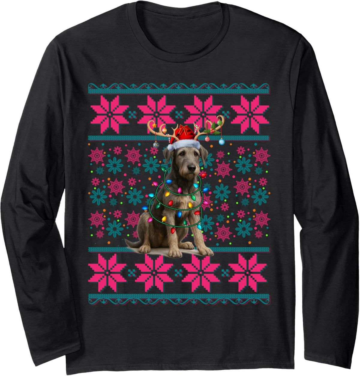 Santa Ugly Christmas Lights Irish Wolfhound Dog Xmas Long Sleeve T-Shirt - Adult Unisex Black