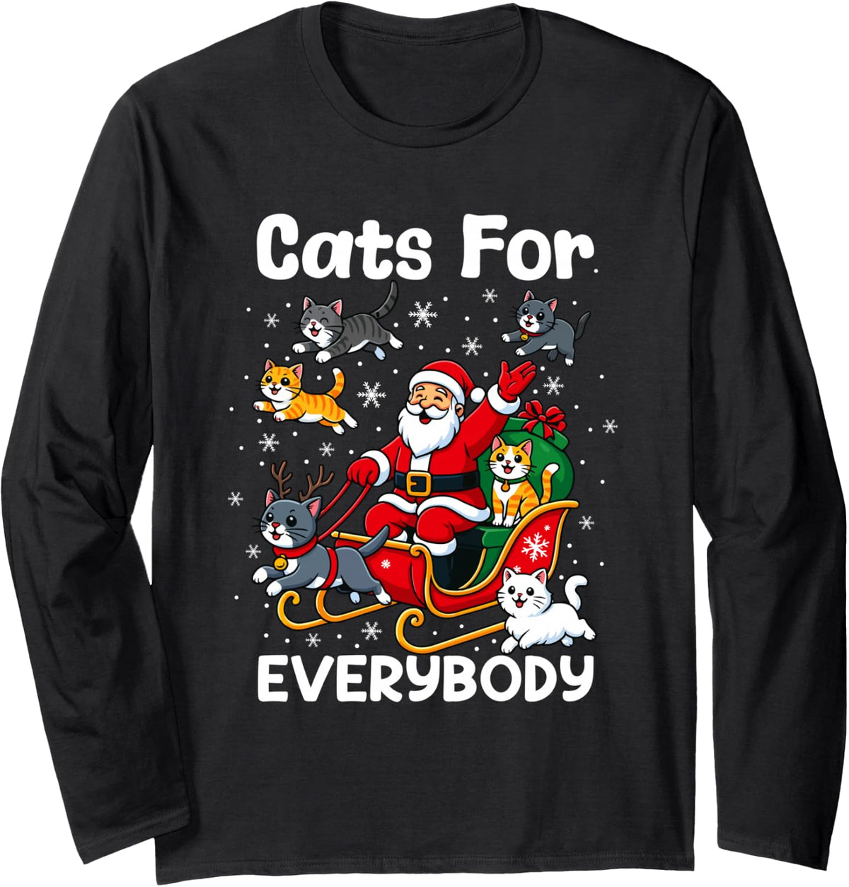 Cats for Everybody Funny Santa Sleigh Cat Lover Christmas Long Sleeve T-Shirt - Adult Unisex Black
