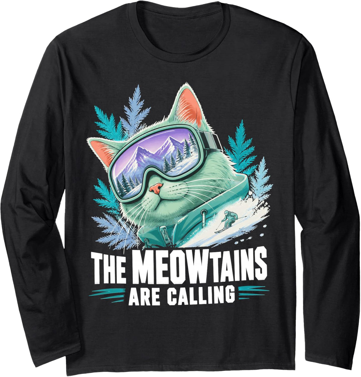 Skiing Cat Ski Club Winter Sports Skier Long Sleeve T-Shirt - Adult Unisex Black
