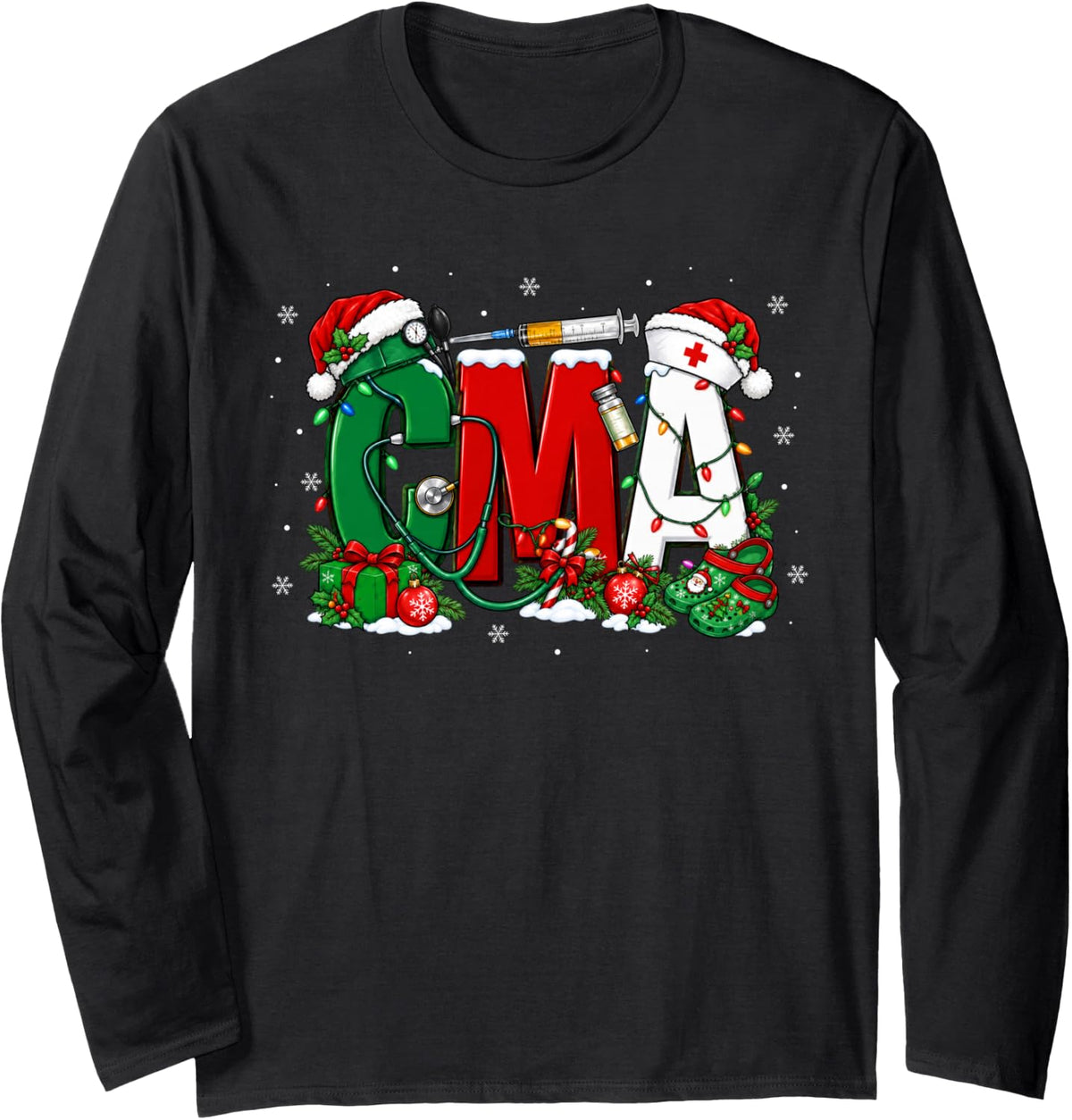CMA Nursing Christmas Medical Assistant Winter Xmas Pajamas Long Sleeve T-Shirt - Adult Unisex Black