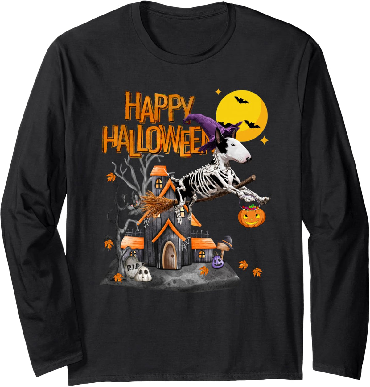 Funny Witch Bull Terrier Spooky Dog Lover Halloween Long Sleeve T-Shirt - Adult Unisex Black