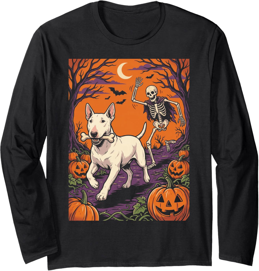 Bull Terrier Dog Stealing Bone from Skeleton Halloween Long Sleeve T-Shirt - Adult Unisex Black