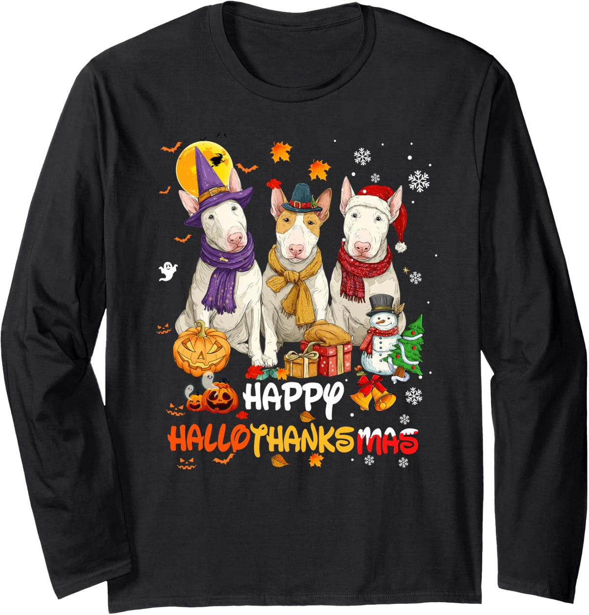 Bull Terrier Happy Hallothanksmas Dog Lover Christmas Long Sleeve T-Shirt - Adult Unisex Black