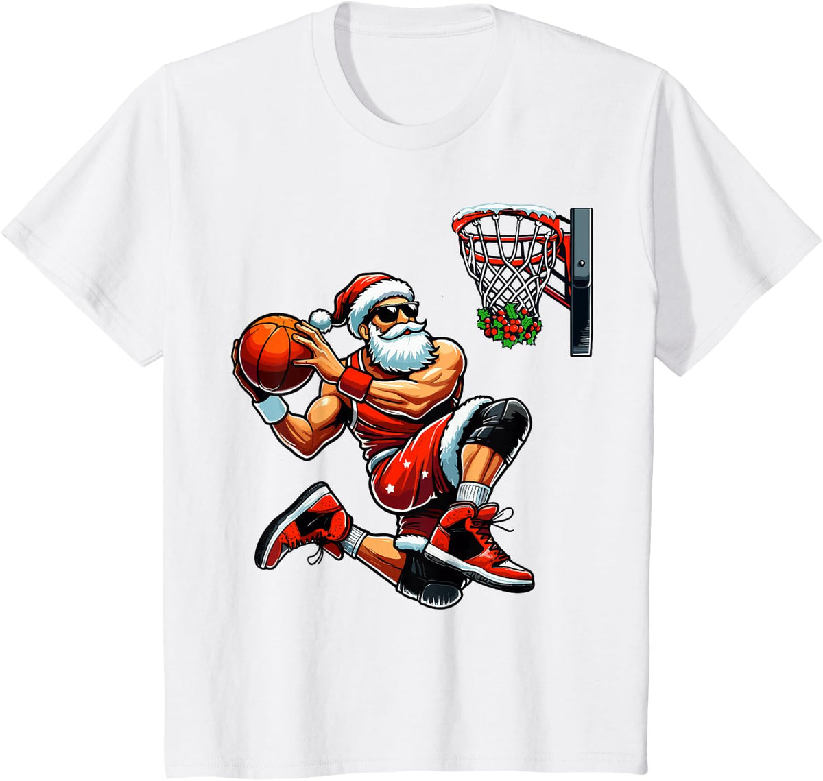 Santa Basketball Player Dunking Xmas Christmas Basketball T-Shirt - White