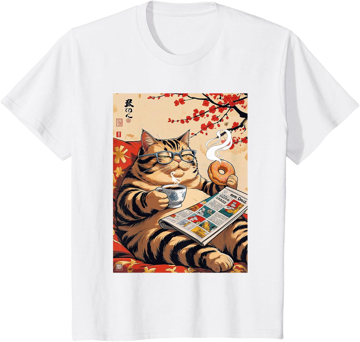 Funny Cat Lazy Kitty Tee, Cat With Coffee Reading Newspaper T-Shirt - White