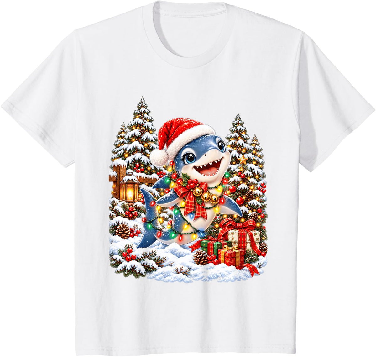 Festive Shark Holiday Santa Snow Scene T-Shirt - White