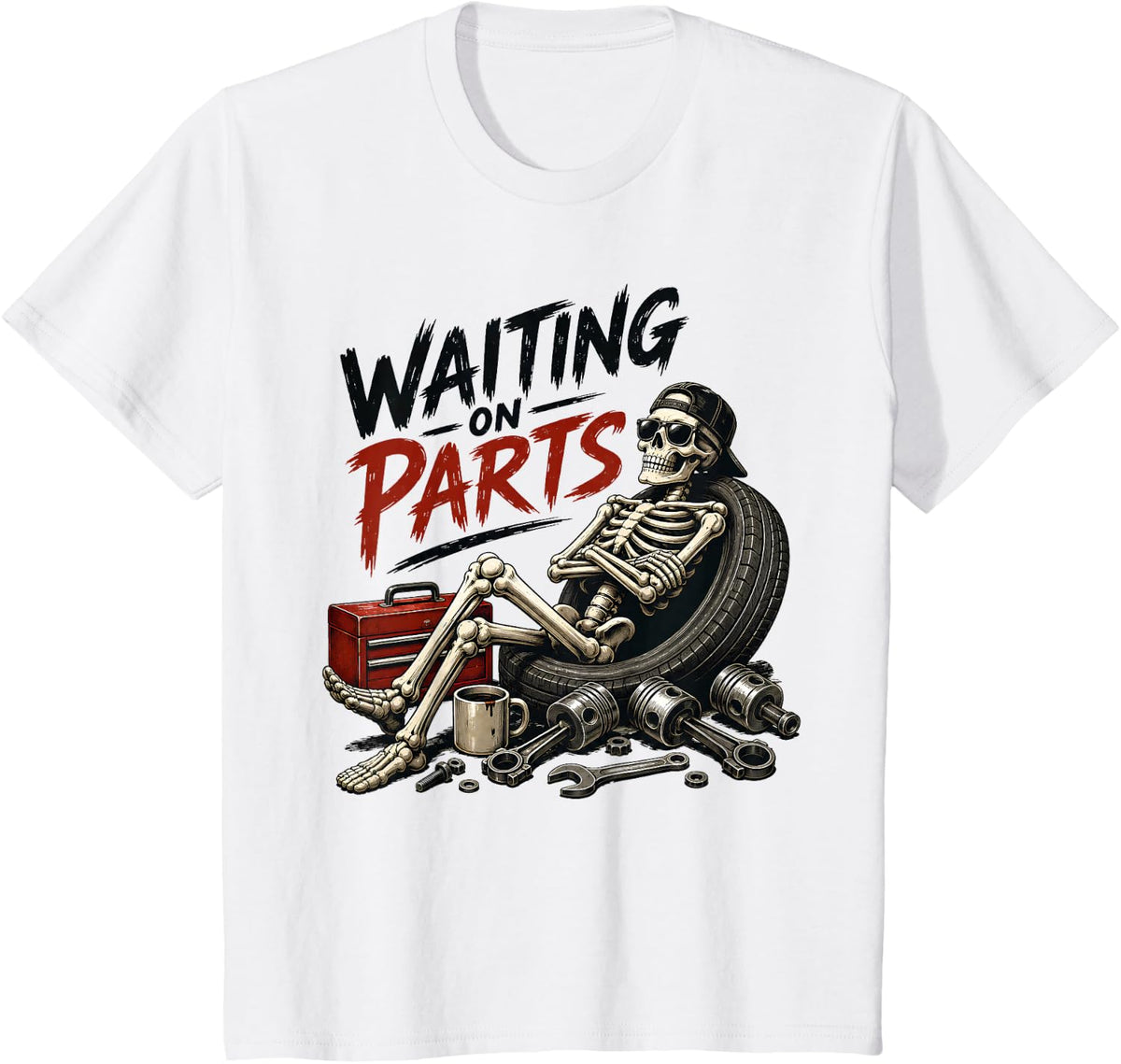 Funny Mechanic Auto Repair Life Skeleton Waiting On Parts T-Shirt - White