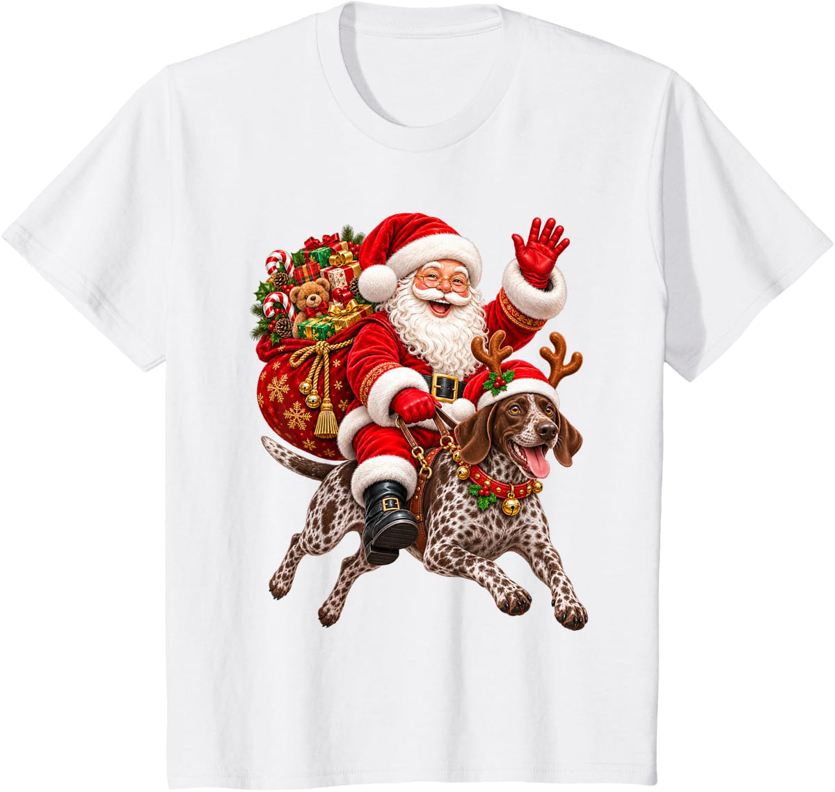 German Shorthaired Pointer Xmas Hat Santa Riding Pet Dog T-Shirt - White