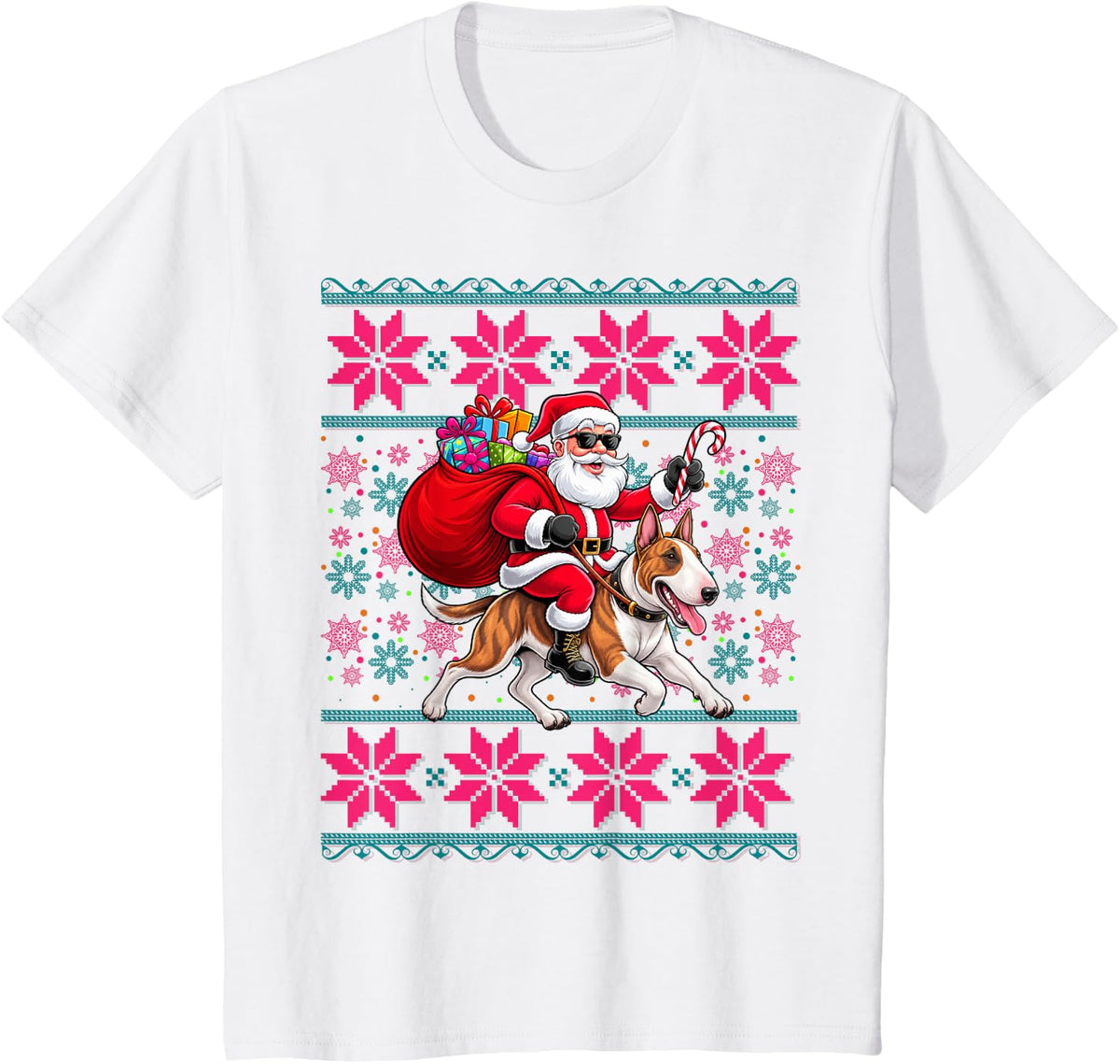 Ugly Christmas Women Girls Santa Riding Bull Terrier Dog T-Shirt - White