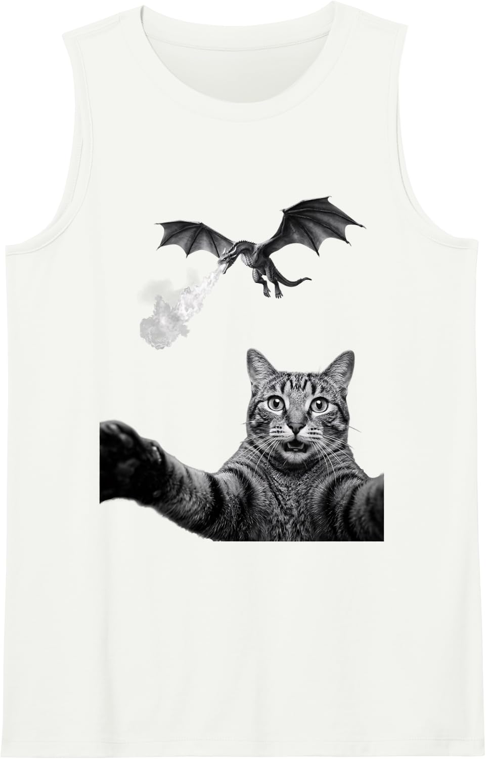 Funny Cat Taking Selfie with Fire Breathing Dragon Meme Sleeveless Tank Top - White