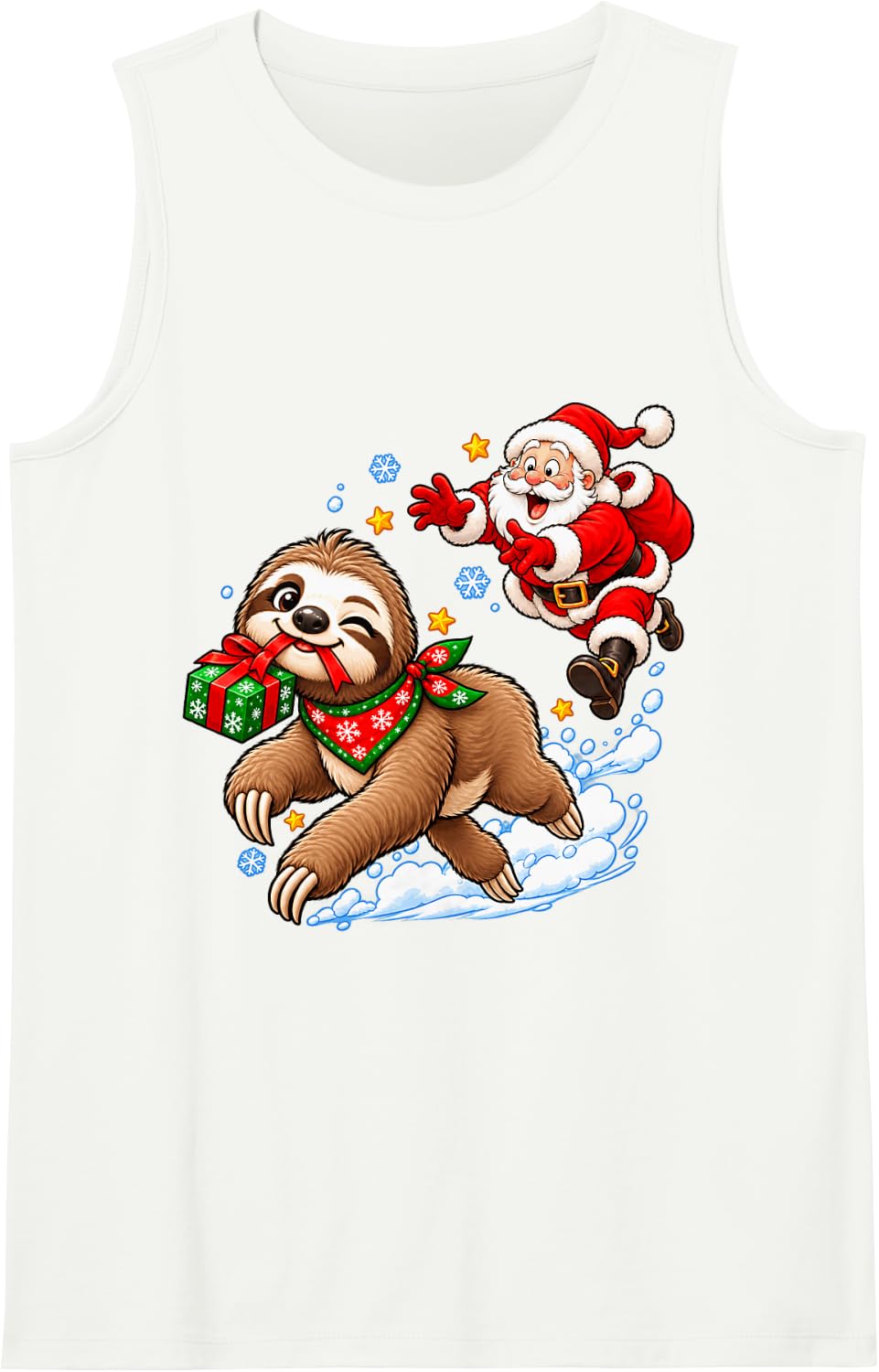 Funny Sloth Chased by Santa Merry Christmas Men Women Sleeveless Tank Top - White