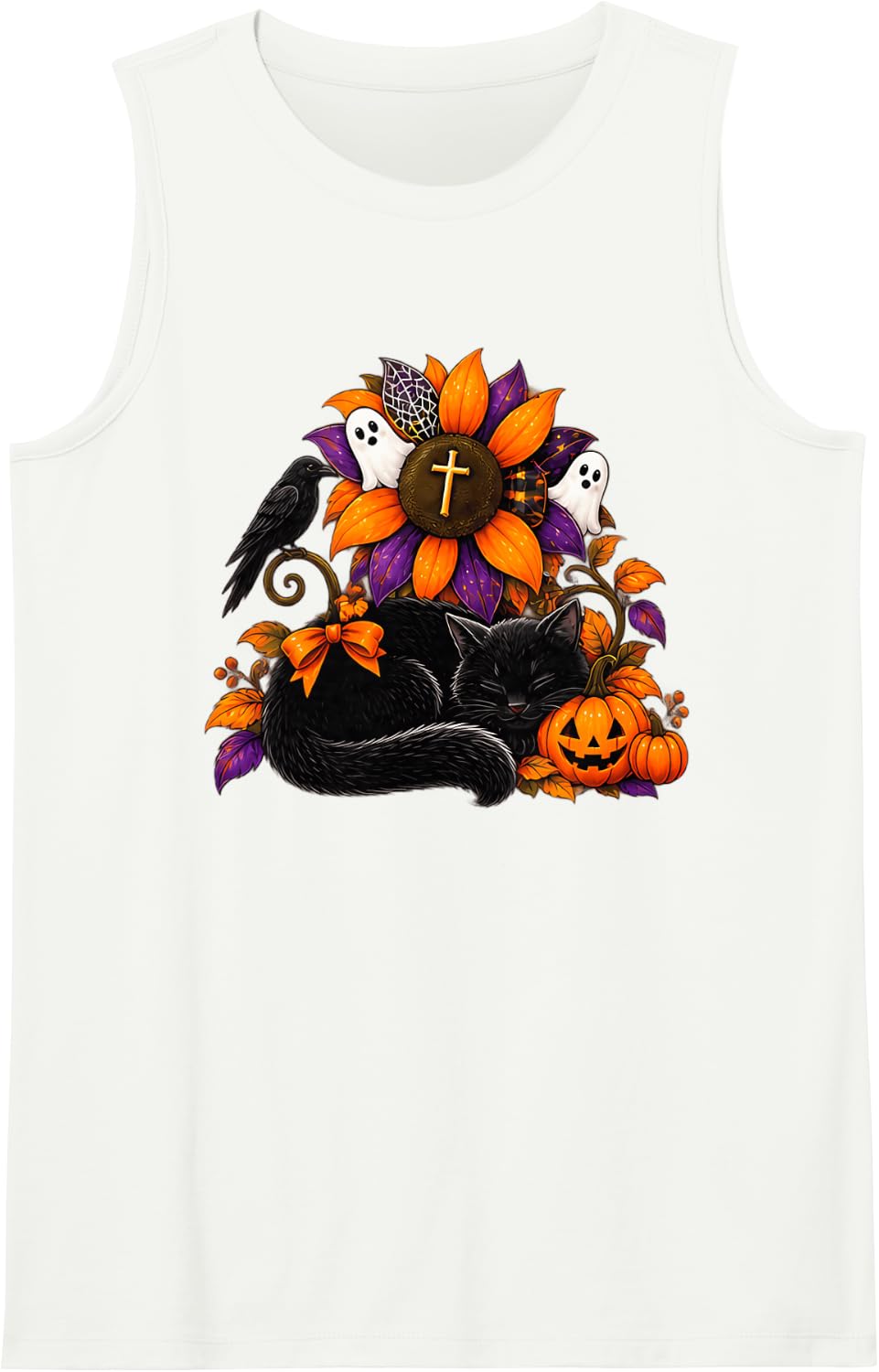 Sleeping Black Cat Raven Cross Halloween Floral Art Tank Top - White