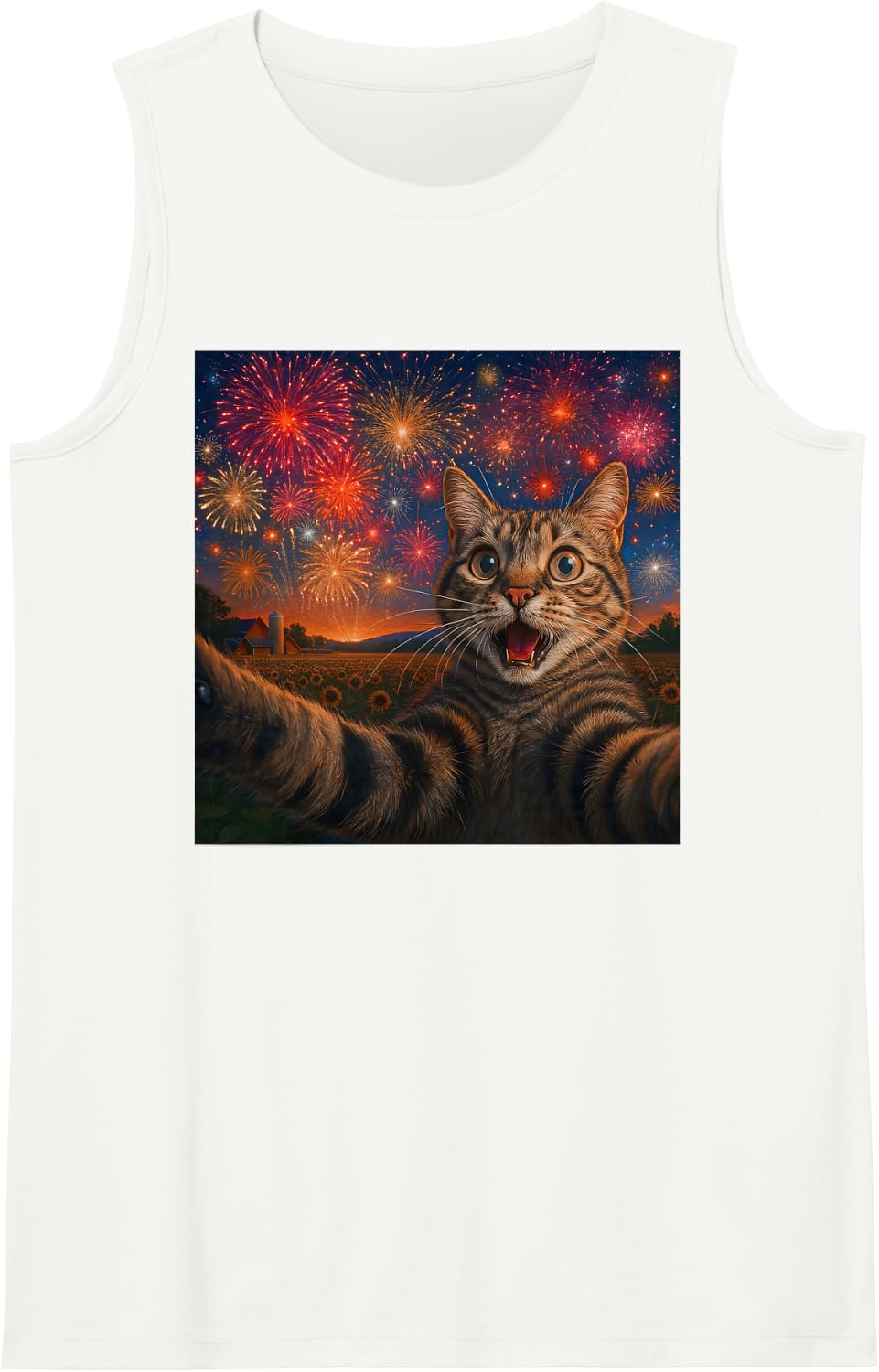 Funny Cat Selfie with Fireworks Happy New Year Eves Outfits Sleeveless Tank Top - White