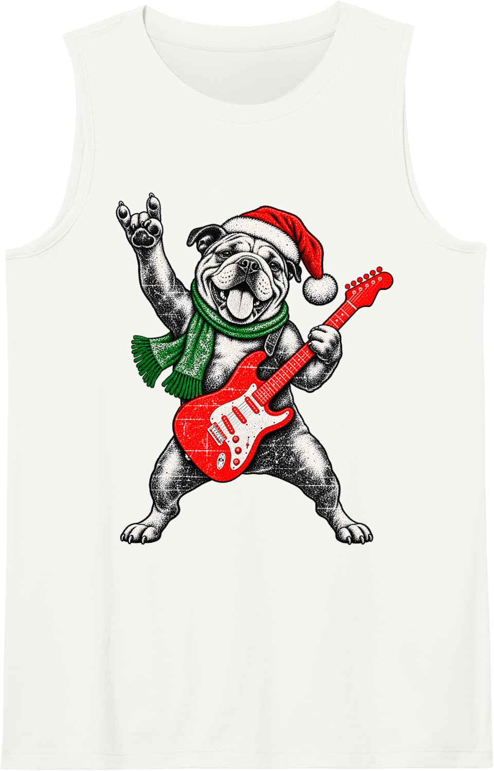 Vintage Bulldog Rock Playing Guitar Funny Christmas Sleeveless Tank Top - White