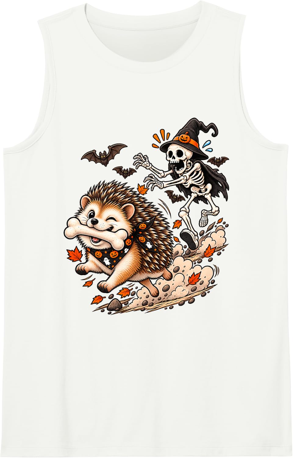 Funny Hedgehog Chased by Witch Skeleton Halloween Men Women Tank Top - White