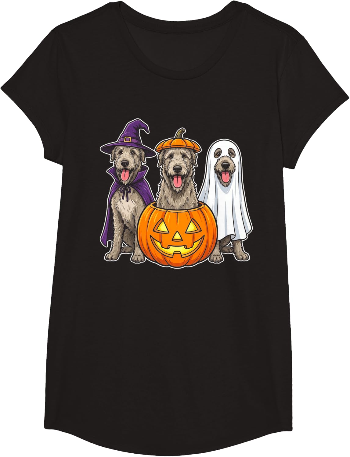 Irish Wolfhound Halloween Spooky Witch Pumpkin and Ghost T-Shirt - Girls Black