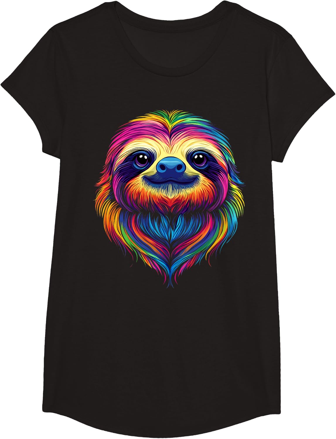 Colorful Sloth Face Cute Rainforest Jungle Animals Black T-Shirt - Girls Black