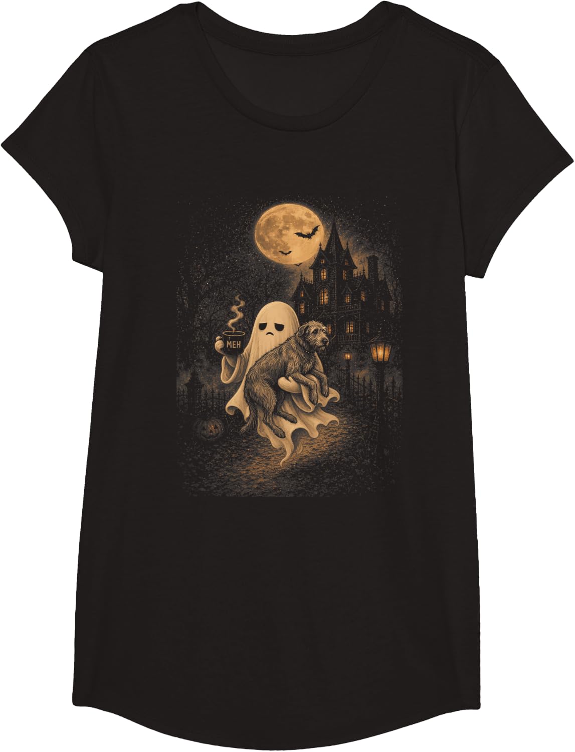 Vintage Irish Wolfhound Ghost Coffee Spooky Halloween T-Shirt - Girls Black