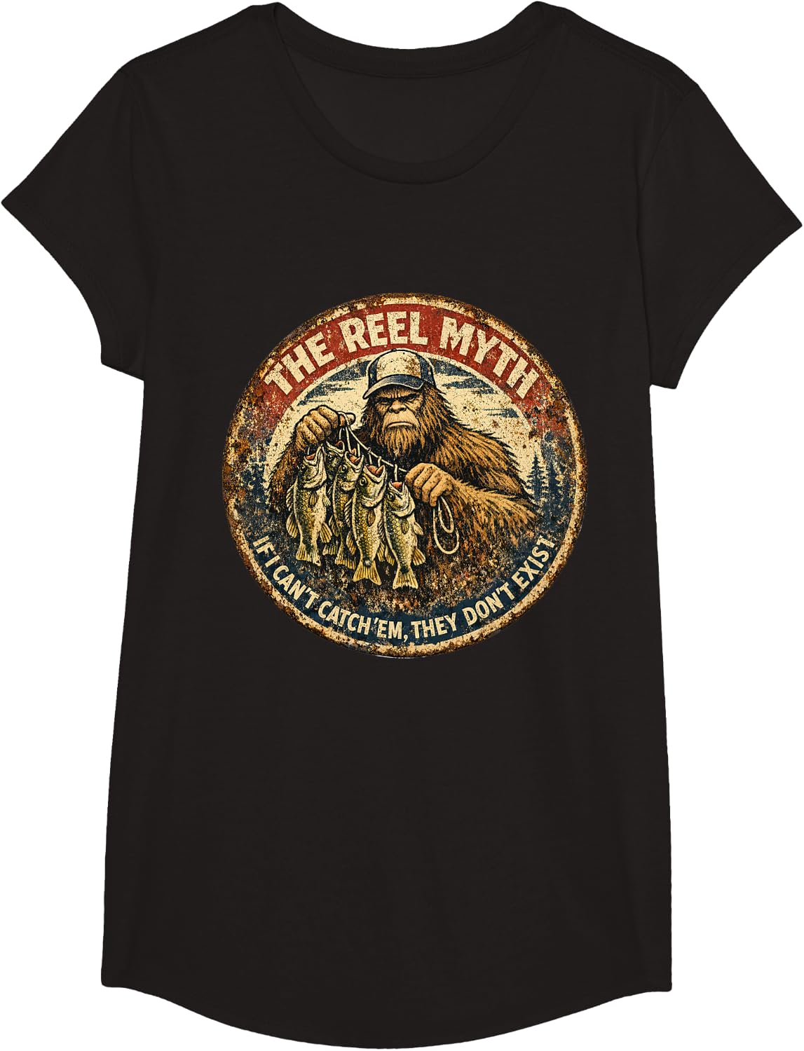 Reel Myth Bigfoot Sasquatch Bass Fishing Outdoor Fathers Day T-Shirt - Girls Black