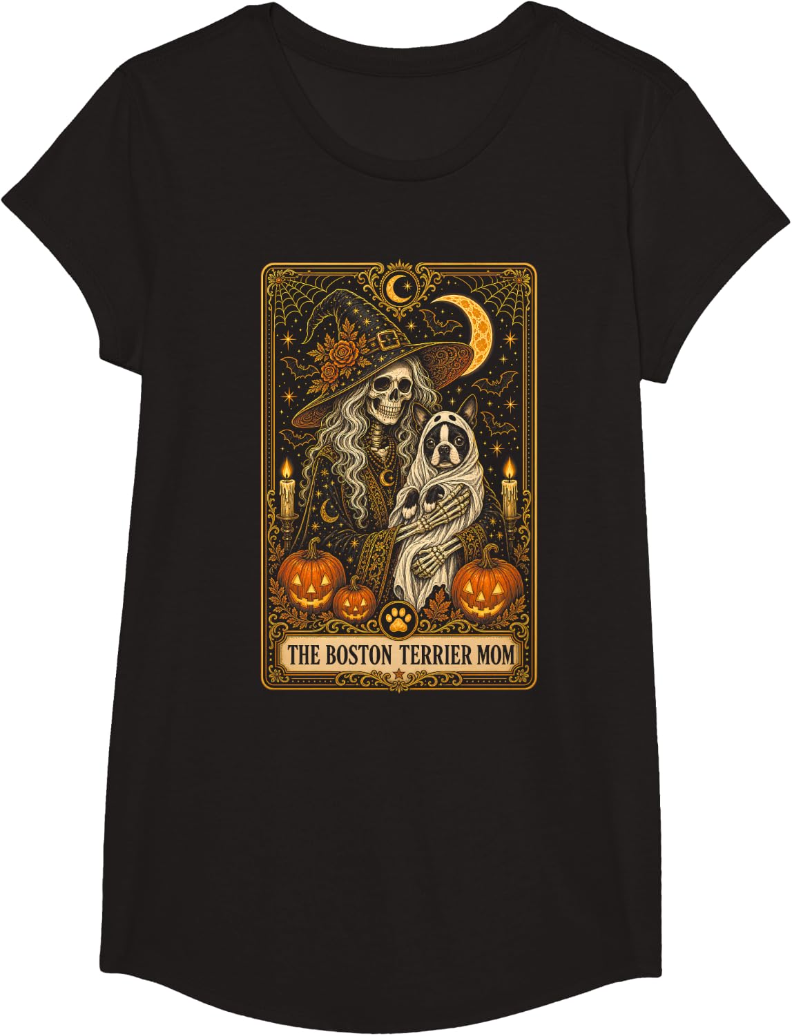 Halloween The Boston Terrier Mom Tarot Card T-Shirt - Girls Black