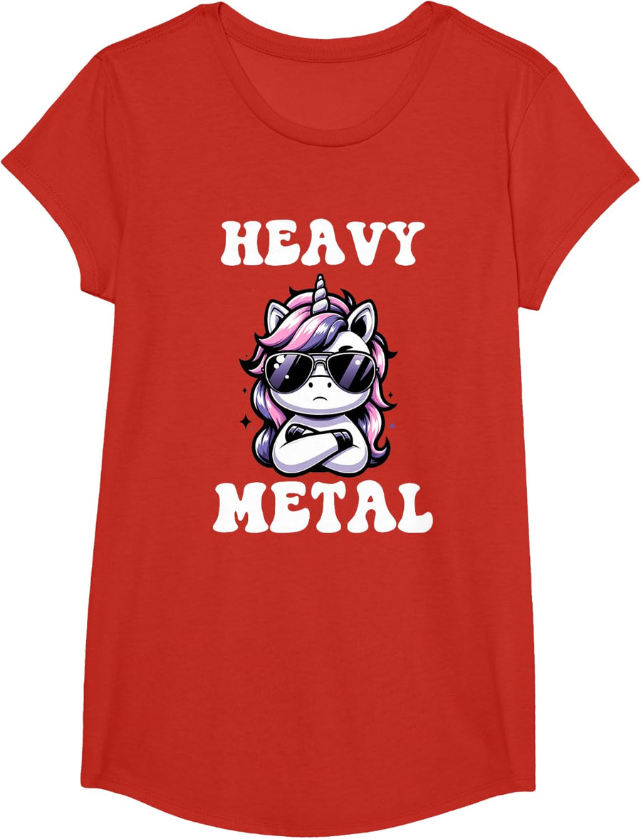 Cute Kawaii Unicorn Heavy Metal Kids Boys Girls T-Shirt - Girls Red